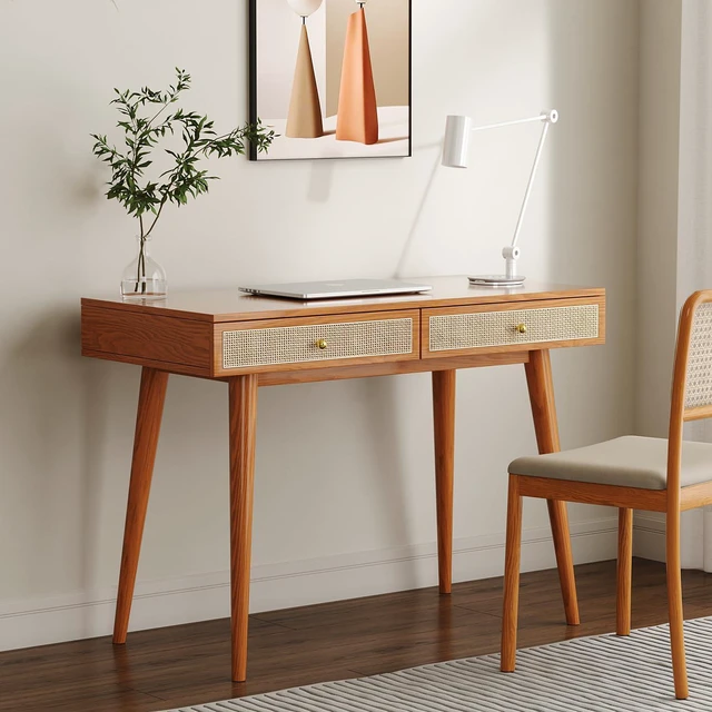 Alt view image 4 of 7 - Mid-Century Modern Solid Wood Desk with Drawers 45 inch Small Boho Rattan Writing Desk for Home Office, Minimalist Design Natural Wood Legs Table for Workspace Elegance