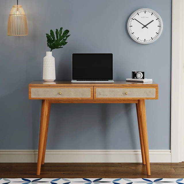 Alt view image 5 of 7 - Mid-Century Modern Solid Wood Desk with Drawers 45 inch Small Boho Rattan Writing Desk for Home Office, Minimalist Design Natural Wood Legs Table for Workspace Elegance