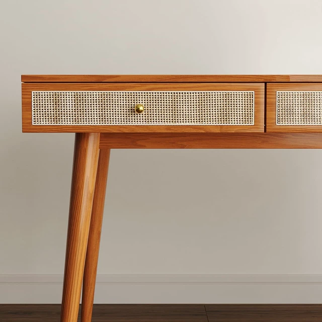 Alt view image 6 of 7 - Mid-Century Modern Solid Wood Desk with Drawers 45 inch Small Boho Rattan Writing Desk for Home Office, Minimalist Design Natural Wood Legs Table for Workspace Elegance