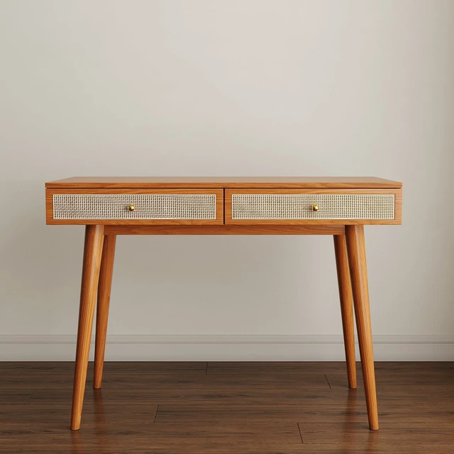 Alt view image 7 of 7 - Mid-Century Modern Solid Wood Desk with Drawers 45 inch Small Boho Rattan Writing Desk for Home Office, Minimalist Design Natural Wood Legs Table for Workspace Elegance