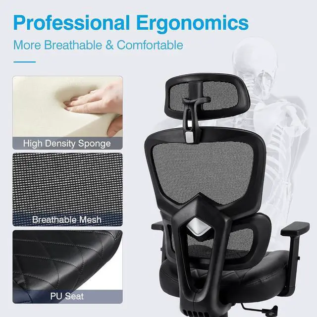 Alt view image 7 of 7 - VECELO Swivel Ergonomic High Back Mesh Office Chair with Adjustable Headrest Armrest, Backrest Tilt Function, Lumbar Support for Executive/Computer Desk/Task Work