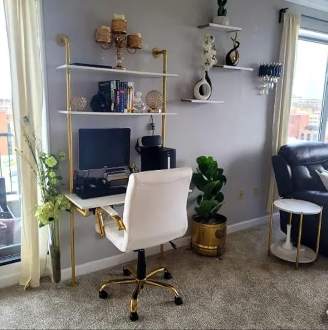 Main image of MAIKAILUN White and Gold Desk, 36" Ladder Desk, Wall Mount Computer Writing Table Pipe Shelf Shelving Mini Narrow Industrial Modern for Small Spaces(36x20x81)