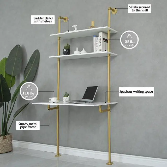 Alt view image 3 of 6 - MAIKAILUN White and Gold Desk, 36" Ladder Desk, Wall Mount Computer Writing Table Pipe Shelf Shelving Mini Narrow Industrial Modern for Small Spaces(36x20x81)