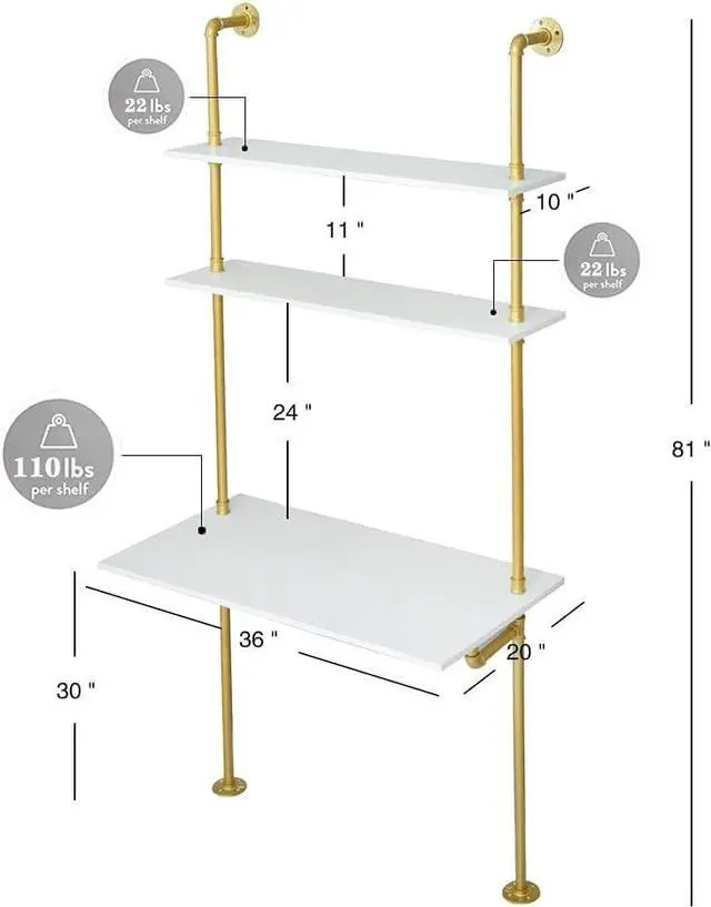 Alt view image 2 of 6 - MAIKAILUN White and Gold Desk, 36" Ladder Desk, Wall Mount Computer Writing Table Pipe Shelf Shelving Mini Narrow Industrial Modern for Small Spaces(36x20x81)