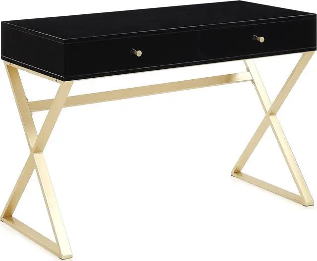 Main image of BELLEZE Modern 42 Inch Makeup Vanity Dressing Table or Home Office Computer Laptop Writing Desk with Two Storage Drawers, Wood Top, and Gold Metal Frame - Ellena (Black)