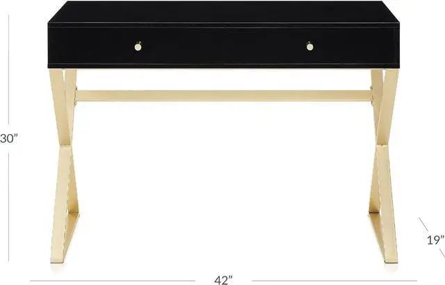 Alt view image 3 of 7 - BELLEZE Modern 42 Inch Makeup Vanity Dressing Table or Home Office Computer Laptop Writing Desk with Two Storage Drawers, Wood Top, and Gold Metal Frame - Ellena (Black)