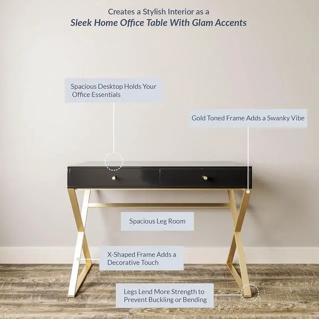 Alt view image 6 of 7 - BELLEZE Modern 42 Inch Makeup Vanity Dressing Table or Home Office Computer Laptop Writing Desk with Two Storage Drawers, Wood Top, and Gold Metal Frame - Ellena (Black)