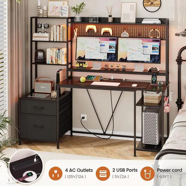 Alt view image 3 of 7 - Gaming Desk with Hutch, 65in Reversible Computer Desk with Power Outlets LED Light, Home Office Desk with Monitor Stand 2 Drawers 4 Storage Shelves Pegboard 8 Hooks Mouse Pad (Black)