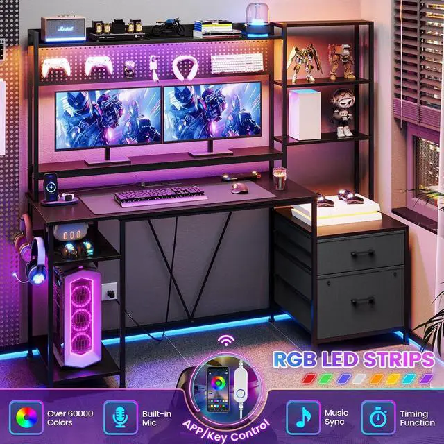Alt view image 4 of 7 - Gaming Desk with Hutch, 65in Reversible Computer Desk with Power Outlets LED Light, Home Office Desk with Monitor Stand 2 Drawers 4 Storage Shelves Pegboard 8 Hooks Mouse Pad (Black)