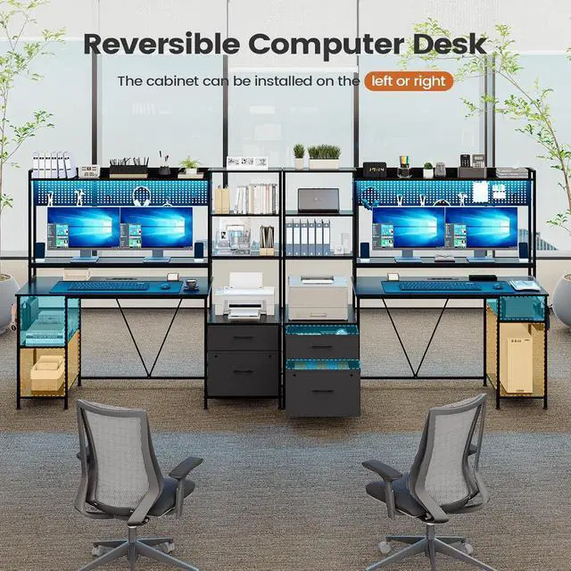 Alt view image 5 of 7 - Gaming Desk with Hutch, 65in Reversible Computer Desk with Power Outlets LED Light, Home Office Desk with Monitor Stand 2 Drawers 4 Storage Shelves Pegboard 8 Hooks Mouse Pad (Black)