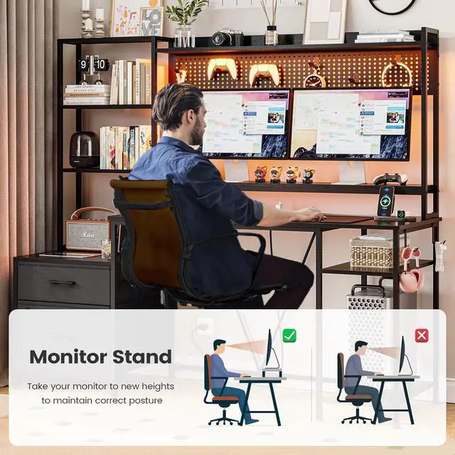 Alt view image 6 of 7 - Gaming Desk with Hutch, 65in Reversible Computer Desk with Power Outlets LED Light, Home Office Desk with Monitor Stand 2 Drawers 4 Storage Shelves Pegboard 8 Hooks Mouse Pad (Black)