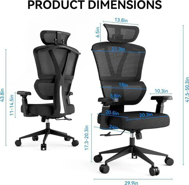 Alt view image 3 of 7 - Ergonomic Office Chair, High Back Home Desk Chair, Adjustable Headrest, Waist, Armrest, Tilt Function,Rotating Computer Office Chair with Nylon Casters,Black Work Chair.