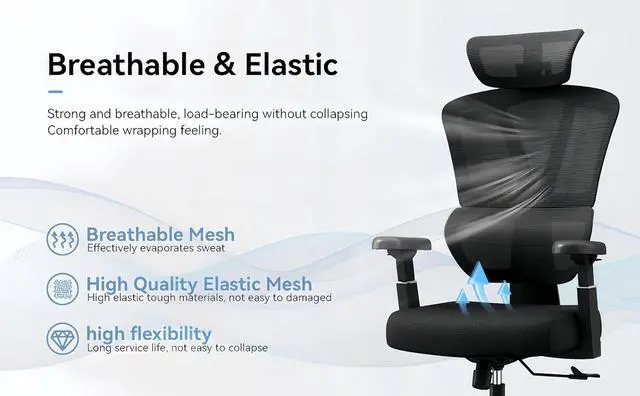 Alt view image 6 of 7 - Ergonomic Office Chair, High Back Home Desk Chair, Adjustable Headrest, Waist, Armrest, Tilt Function,Rotating Computer Office Chair with Nylon Casters,Black Work Chair.