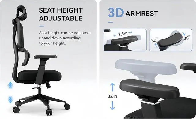Alt view image 7 of 7 - Ergonomic Office Chair, High Back Home Desk Chair, Adjustable Headrest, Waist, Armrest, Tilt Function,Rotating Computer Office Chair with Nylon Casters,Black Work Chair.