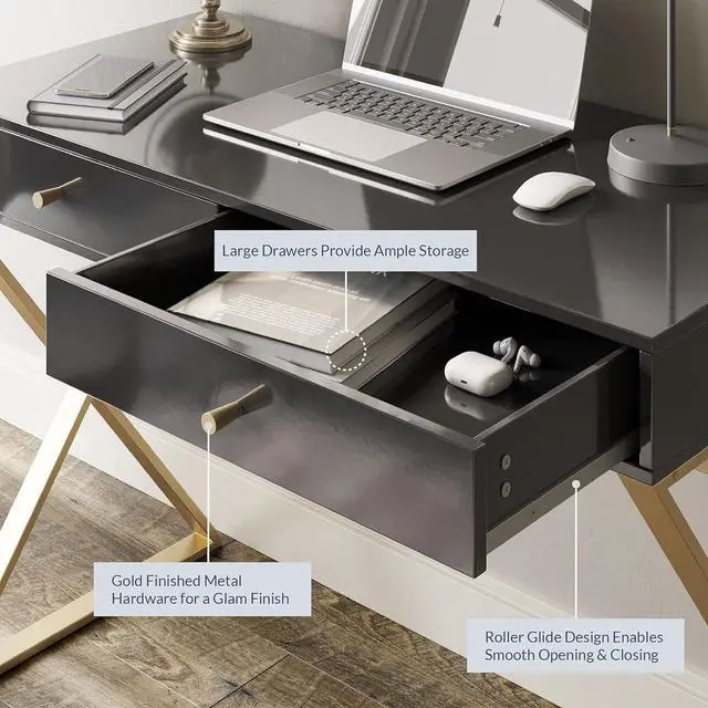 Alt view image 5 of 7 - BELLEZE Modern 42 Inch Makeup Vanity Dressing Table or Home Office Computer Laptop Writing Desk with Two Storage Drawers, Wood Top, and Gold Metal Frame - Ellena (Black)