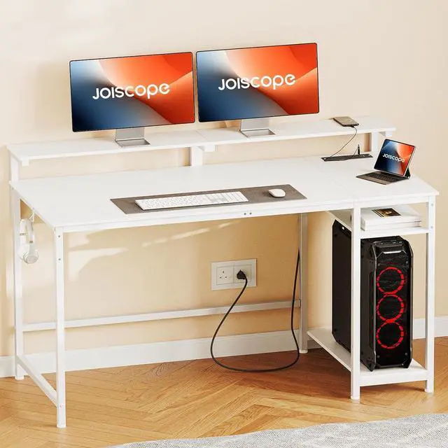 Alt view image 2 of 7 - JOISCOPE Home Office Desk with Power Outlets (3AC, USB, Type-C), 55 × 20 Inch Computer Desk with Reversible Shelves, Laptop Table with Display Riser, Gaming Study Drafting Table for Bedroom, White