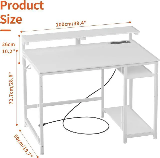 Alt view image 3 of 7 - JOISCOPE Home Office Desk with Power Outlets (3AC, USB, Type-C), 40 × 20 Inch Computer Desk with Reversible Shelves, Laptop Table with Display Riser, Gaming Study Drafting Table for Bedroom, White