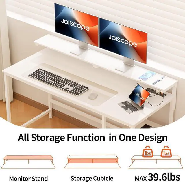 Alt view image 4 of 7 - JOISCOPE Home Office Desk with Power Outlets (3AC, USB, Type-C), 55 × 20 Inch Computer Desk with Reversible Shelves, Laptop Table with Display Riser, Gaming Study Drafting Table for Bedroom, White