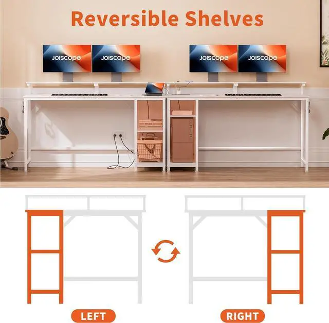 Alt view image 6 of 7 - JOISCOPE Home Office Desk with Power Outlets (3AC, USB, Type-C), 55 × 20 Inch Computer Desk with Reversible Shelves, Laptop Table with Display Riser, Gaming Study Drafting Table for Bedroom, White