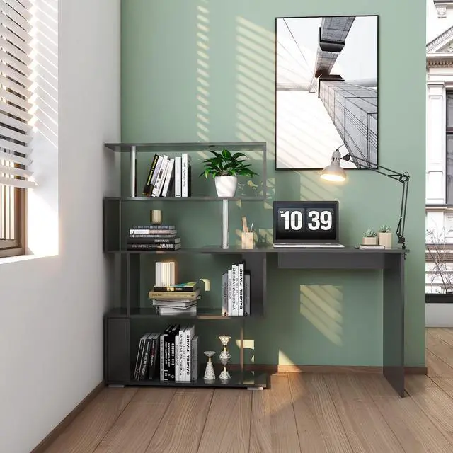 Alt view image 2 of 7 - 41.7" L Shaped Desk with 4-Tier Storage Shelves, Computer Corner Desk for Study Home Office Living Room (Black)