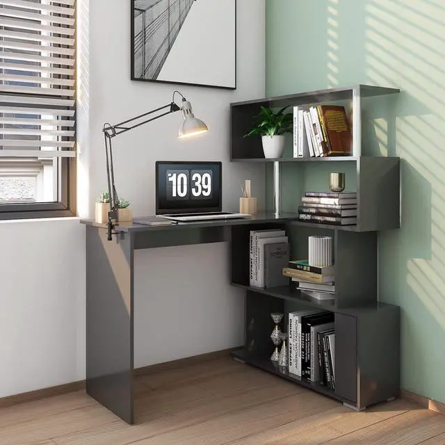 Alt view image 4 of 7 - 41.7" L Shaped Desk with 4-Tier Storage Shelves, Computer Corner Desk for Study Home Office Living Room (Black)