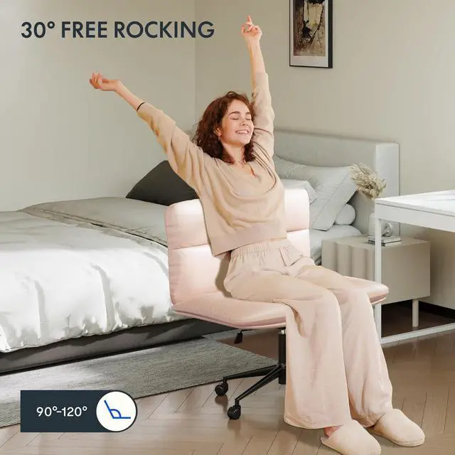 Alt view image 7 of 7 - FLEXISPOT Cross Legged Office Chair for Vanity Desk Criss Cross Chair with Wheels Vanity Chair Armless Home Office Desk Chair Comfy Wide Seat Cushion(Pink)