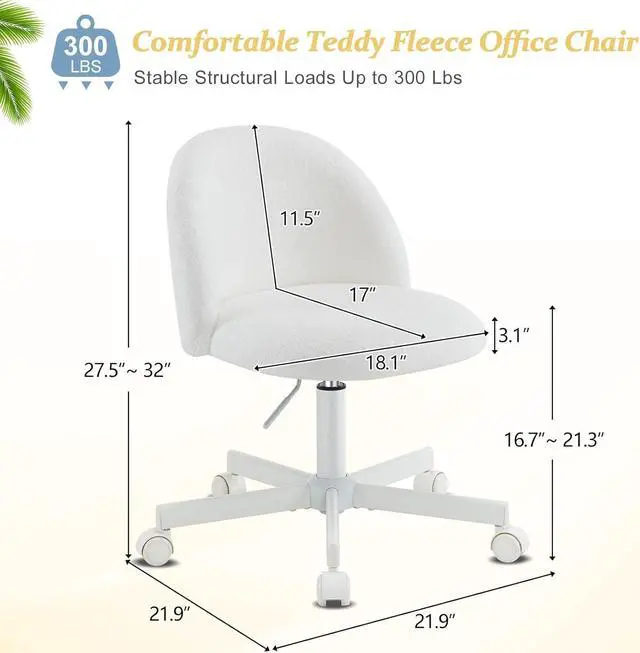 Alt view image 2 of 7 - VINGLI Candy Chair Armless Cute Desk Chair,Comfy Small Office Chair with Wheels,Vanity Chair with Lumbar Support,Teddy Adjustable Rolling Swivel Computer Task Chair for Home Office,Bedroom,White