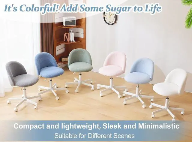 Alt view image 3 of 7 - VINGLI Candy Chair Armless Cute Desk Chair,Comfy Small Office Chair with Wheels,Vanity Chair with Lumbar Support,Teddy Adjustable Rolling Swivel Computer Task Chair for Home Office,Bedroom,White