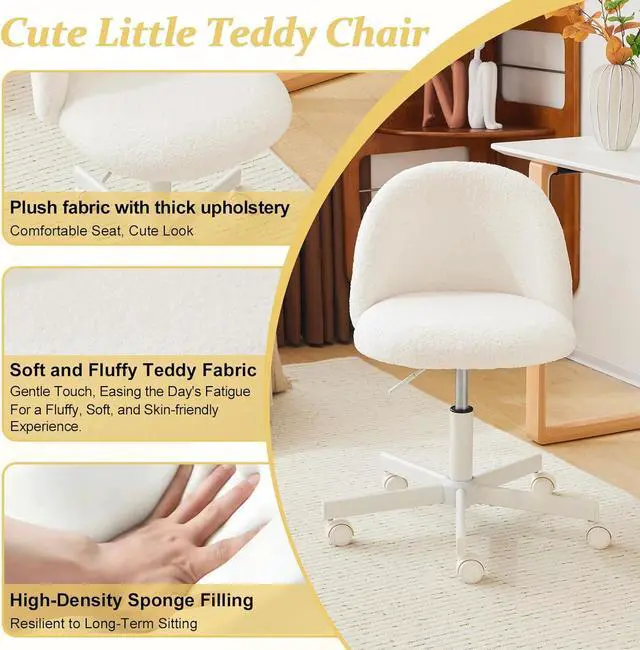 Alt view image 4 of 7 - VINGLI Candy Chair Armless Cute Desk Chair,Comfy Small Office Chair with Wheels,Vanity Chair with Lumbar Support,Teddy Adjustable Rolling Swivel Computer Task Chair for Home Office,Bedroom,White