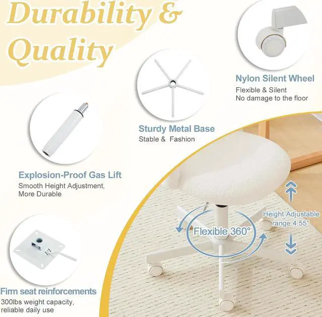 Alt view image 5 of 7 - VINGLI Candy Chair Armless Cute Desk Chair,Comfy Small Office Chair with Wheels,Vanity Chair with Lumbar Support,Teddy Adjustable Rolling Swivel Computer Task Chair for Home Office,Bedroom,White