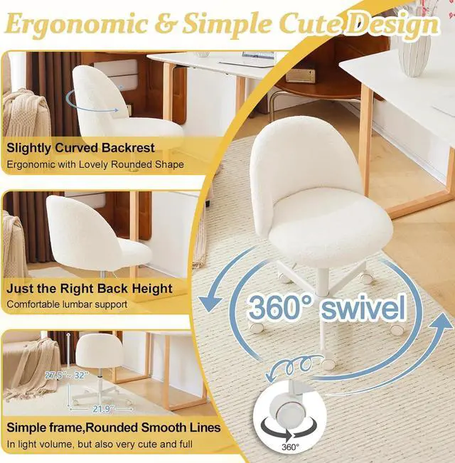 Alt view image 7 of 7 - VINGLI Candy Chair Armless Cute Desk Chair,Comfy Small Office Chair with Wheels,Vanity Chair with Lumbar Support,Teddy Adjustable Rolling Swivel Computer Task Chair for Home Office,Bedroom,White