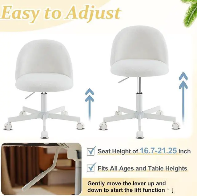 Alt view image 6 of 7 - VINGLI Candy Chair Armless Cute Desk Chair,Comfy Small Office Chair with Wheels,Vanity Chair with Lumbar Support,Teddy Adjustable Rolling Swivel Computer Task Chair for Home Office,Bedroom,White