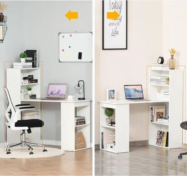 Alt view image 7 of 7 - HOMCOM Modern Home Office Desk with 6-Tier Storage Shelves, 47" Writing Desk with Bookshelf, White