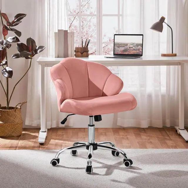 Alt view image 2 of 7 - Yaheetech Cute Velvet Desk Chair Home Office Chair Shell-Shaped Back Vanity Chair Modern Swivel Chair with Wheels Adjustable Height for Bedroom Pink
