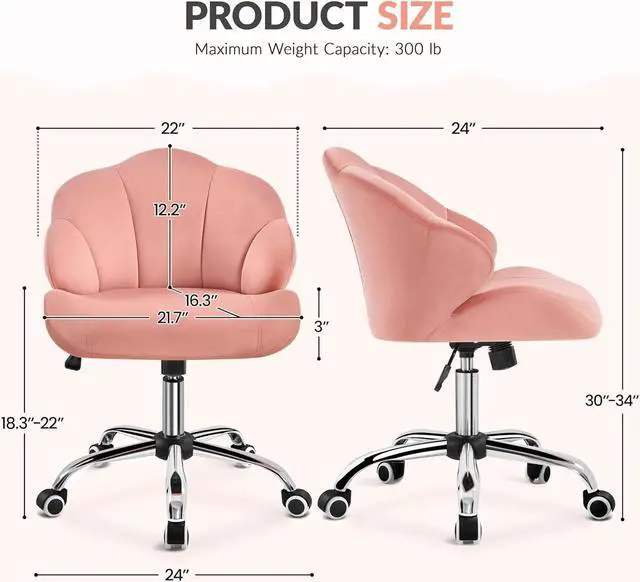 Alt view image 3 of 7 - Yaheetech Cute Velvet Desk Chair Home Office Chair Shell-Shaped Back Vanity Chair Modern Swivel Chair with Wheels Adjustable Height for Bedroom Pink