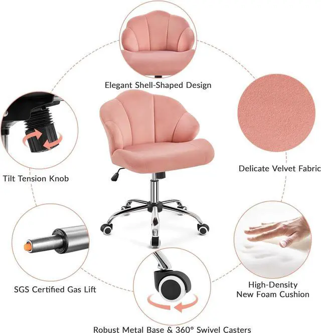 Alt view image 4 of 7 - Yaheetech Cute Velvet Desk Chair Home Office Chair Shell-Shaped Back Vanity Chair Modern Swivel Chair with Wheels Adjustable Height for Bedroom Pink