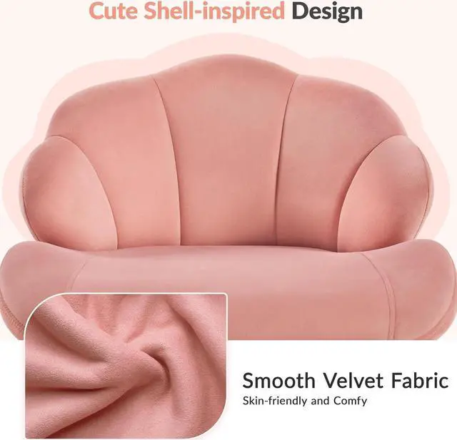 Alt view image 5 of 7 - Yaheetech Cute Velvet Desk Chair Home Office Chair Shell-Shaped Back Vanity Chair Modern Swivel Chair with Wheels Adjustable Height for Bedroom Pink