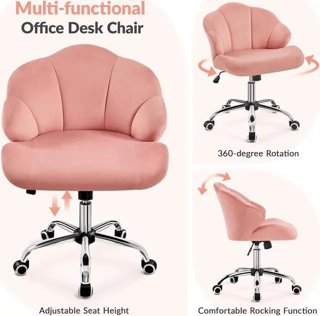 Alt view image 6 of 7 - Yaheetech Cute Velvet Desk Chair Home Office Chair Shell-Shaped Back Vanity Chair Modern Swivel Chair with Wheels Adjustable Height for Bedroom Pink