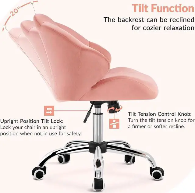 Alt view image 7 of 7 - Yaheetech Cute Velvet Desk Chair Home Office Chair Shell-Shaped Back Vanity Chair Modern Swivel Chair with Wheels Adjustable Height for Bedroom Pink