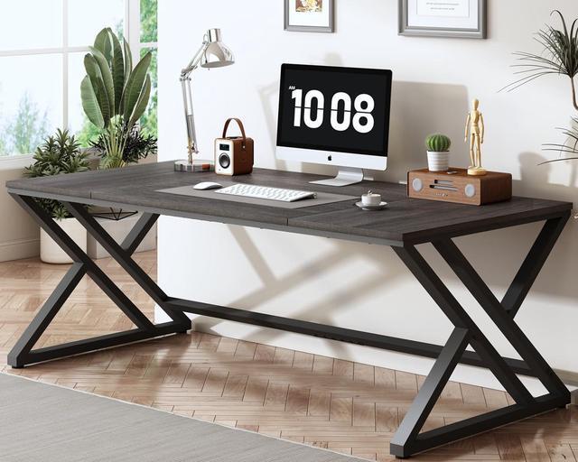 Main image of HSH Large Rustic Computer Desk, Industrial Extra Long Home Office Desk, Modern Pc Study Gaming Writing Table for Two Person, Workstation Executive Desk for Home Bedroom Living Room, Dark Gray, 70 Inch