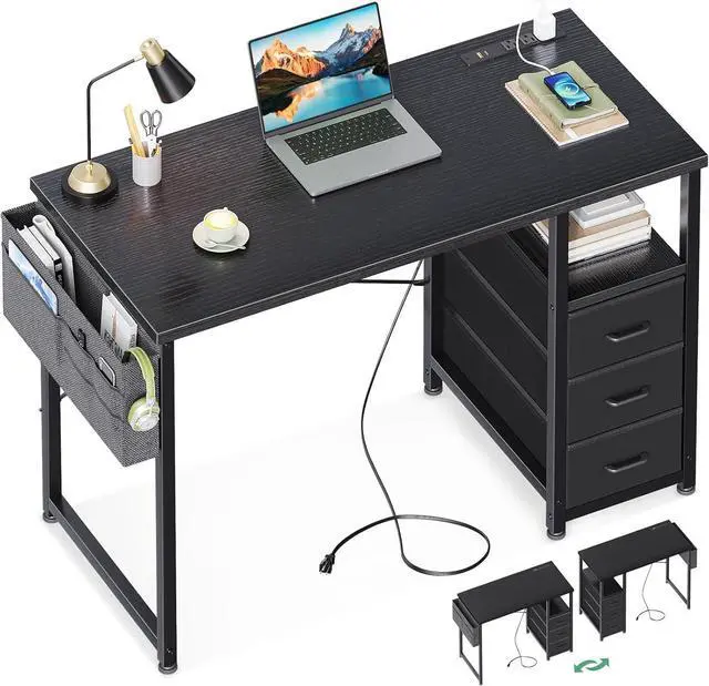 Main image of AODK 40-Inch Small Computer Desk with Fabric Drawers and Charging Station, Kids Girls Teen Study Writing Desk for Bedroom, Home Office Desk with Storage Shelf & Bag, Vanity Table for Small Space,Black