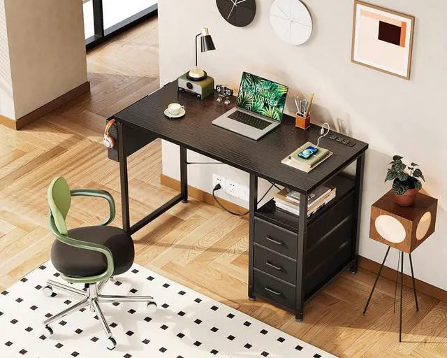 Alt view image 2 of 7 - AODK 40-Inch Small Computer Desk with Fabric Drawers and Charging Station, Kids Girls Teen Study Writing Desk for Bedroom, Home Office Desk with Storage Shelf & Bag, Vanity Table for Small Space,Black