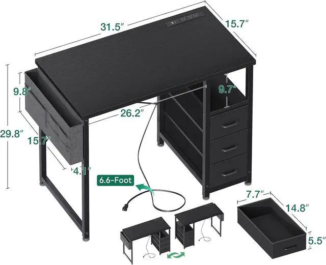 Alt view image 3 of 7 - AODK 40-Inch Small Computer Desk with Fabric Drawers and Charging Station, Kids Girls Teen Study Writing Desk for Bedroom, Home Office Desk with Storage Shelf & Bag, Vanity Table for Small Space,Black