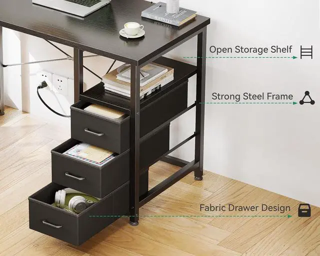 Alt view image 4 of 7 - AODK 40-Inch Small Computer Desk with Fabric Drawers and Charging Station, Kids Girls Teen Study Writing Desk for Bedroom, Home Office Desk with Storage Shelf & Bag, Vanity Table for Small Space,Black