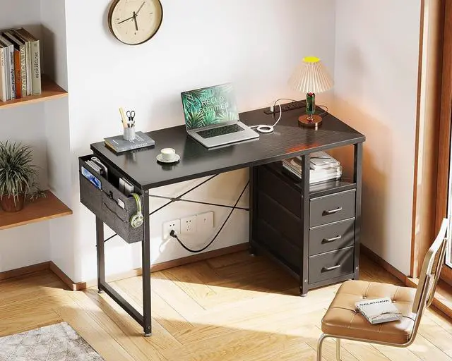 Alt view image 6 of 7 - AODK 40-Inch Small Computer Desk with Fabric Drawers and Charging Station, Kids Girls Teen Study Writing Desk for Bedroom, Home Office Desk with Storage Shelf & Bag, Vanity Table for Small Space,Black