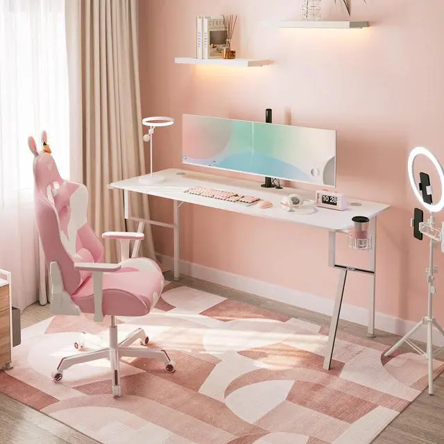 Alt view image 4 of 7 - EUREKA ERGONOMIC White Computer Desk, 63 x 24 Inch K Shaped Long Gaming Desk for Home Office Work Study Writing Table with Cable Management, Cup Holder, Headphone Hook, Mouse Pad, Easy to Assemble