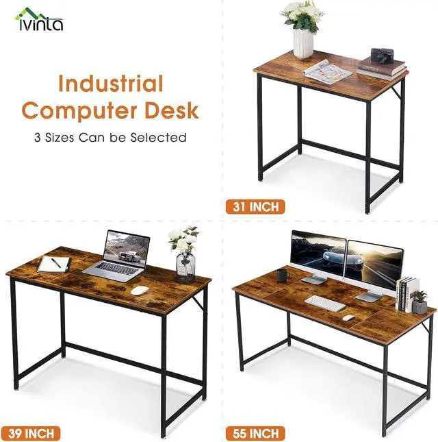Alt view image 5 of 7 - ivinta Small Computer Desk, Industrial Laptop Desk for Home Office, Simple Style PC Table, Wooden Sturdy Writing Desk, 40 inch Workstation for Space Saving, SINGLE-YBR39 (Vintage, Easy Assemble)