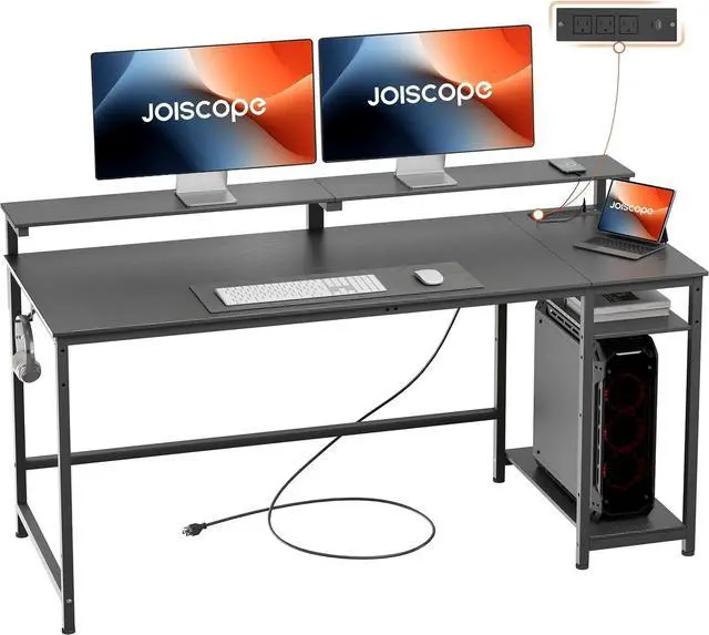 Main image of JOISCOPE Home Office Desk with Power Outlets (3AC, USB, Type-C), 60 × 20 Inch Computer Desk with Reversible Shelves, Laptop Table with Display Riser, Gaming Study Drafting Table for Bedroom, Black