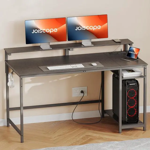 Alt view image 2 of 7 - JOISCOPE Home Office Desk with Power Outlets (3AC, USB, Type-C), 60 × 20 Inch Computer Desk with Reversible Shelves, Laptop Table with Display Riser, Gaming Study Drafting Table for Bedroom, Black