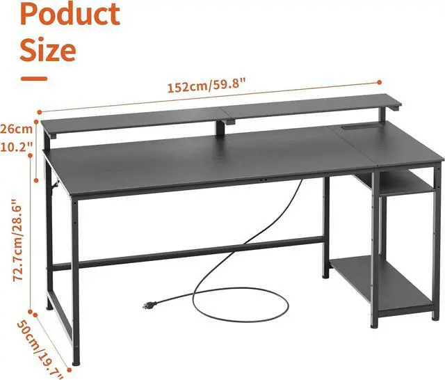 Alt view image 3 of 7 - JOISCOPE Home Office Desk with Power Outlets (3AC, USB, Type-C), 60 × 20 Inch Computer Desk with Reversible Shelves, Laptop Table with Display Riser, Gaming Study Drafting Table for Bedroom, Black